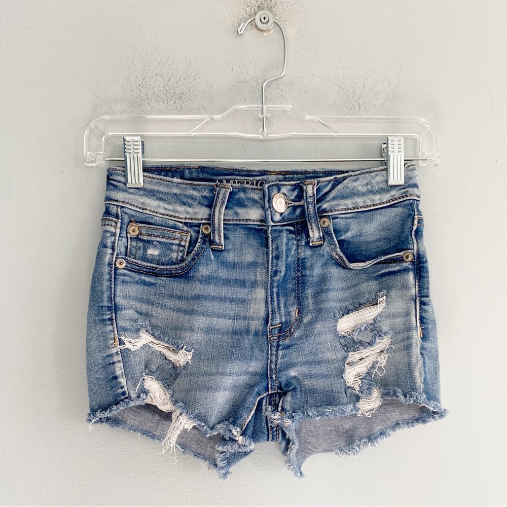 American Eagle High Rise Shortie Distressed Denim Shorts